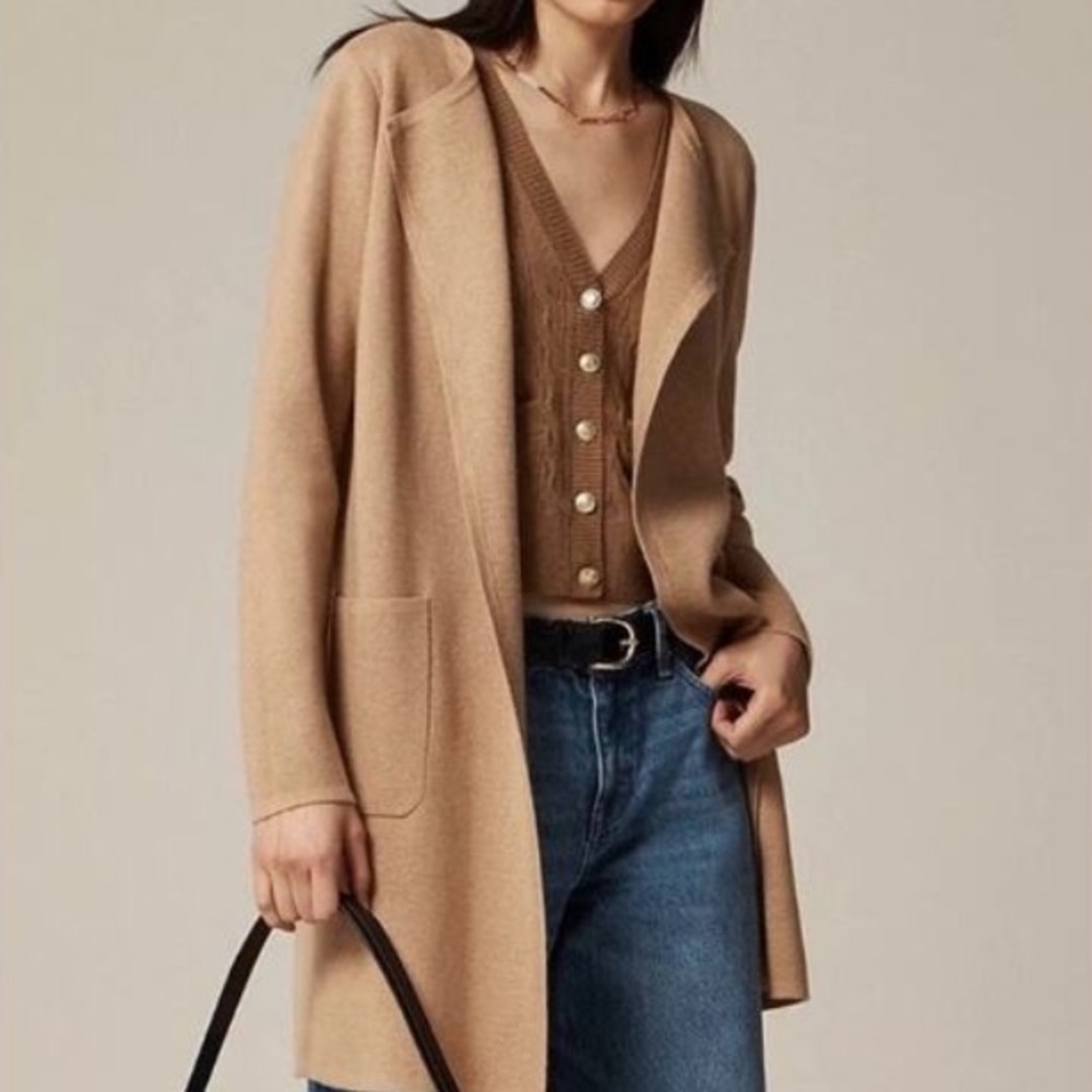 J. CREW Wool Juliette Collarless Open Knit Sweater Jacket Blazer Cardigan Tan S